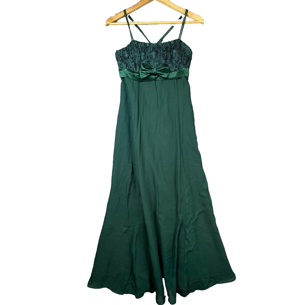 Vintage Green Land Gown Dress‎ Womens Small Green Ribbon Bow Empire Waist Lace